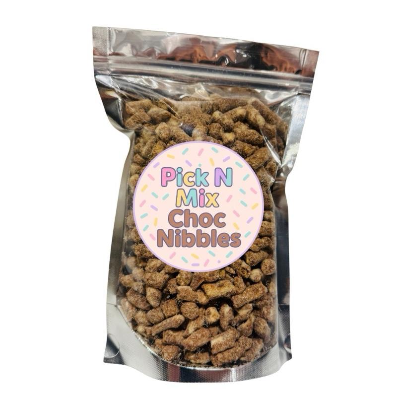 Packaged 'Pick N Mix Choc Nibbles' with a clear label on a white background