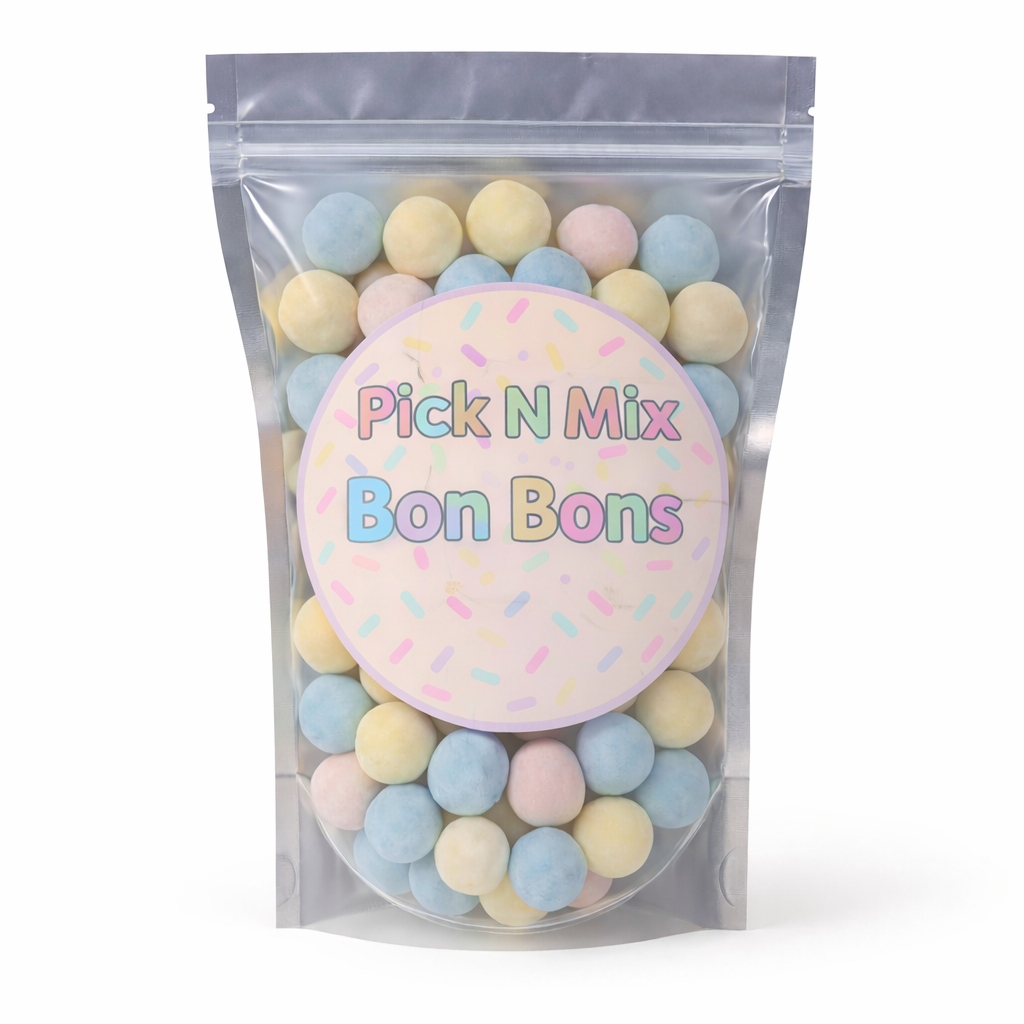 Packaged 'Pick N Mix Bon Bons' with colorful candies and a clear bag on a white background