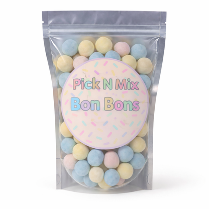Packaged 'Pick N Mix Bon Bons' with colorful candies and a clear bag on a white background